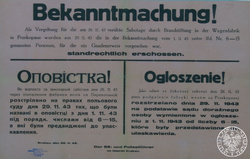 Ogłoszenie Dowódcy SS i Policji w Dystrykcie Kraków z dnia 30-11-1943 r. o rozstrzelaniu 10 zakładników w odwecie za  sabotaż (podpalenie fabryki wozów na Przekopanej) dokonany w dniu 26-11-1943 r.