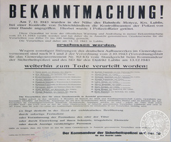 Obwieszczenie Dowódcy Policji Bezpieczeństwa i SD na Dystrykt Lubelski z dnia 15-12-1943 r. o rozstrzelaniu m.in. 30 osób w odwecie za napad na funkcjonariuszy policji niemieckiej