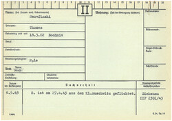 Karta z kartoteki osobowej Gestapo w Ciechanowie/Płocku dotycząca Witolda Pileckiego, który pod pseudonimem Tomasz Serafiński jako ochotnik trafił do obozu KL Auschwitz. Karta zawiera informację o jego ucieczce z obozu dnia 27.04.1943 r. Sygnatura archiwalna: IPN GK 629.