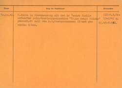 Karta z kartoteki osobowej Gestapo w Ciechanowie/Płocku wystawiona na Witolda Pileckiego. Karta zawiera informację o przynależności do Tajnej Armii Polskiej. Sygnatura archiwalna: IPN GK 629.