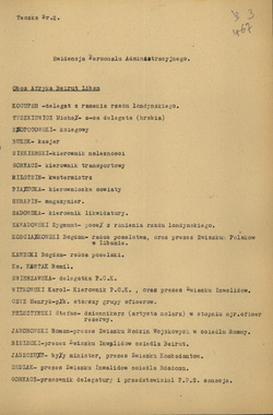Lista personelu administracyjnego polskiego osiedla w Bejrucie, która została sporządzona przez Departament I Ministerstwa Bezpieczeństwa Publicznego. Na wykazie figuruje hrabia Michał Tyszkiewicz  (IPN BU 1572/1031).