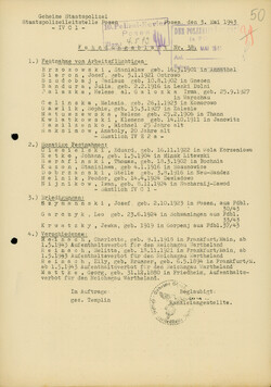 Lista osób poszukiwanych przez niemiecką Tajną Policję Państwową w Poznaniu, sporządzona 3 maja 1943 r. Sygnatura archiwalna GK 705/60.