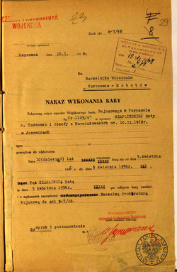 Nakaz wykonania kary dot. Ruty Czaplińskiej, Warszawa, 16 I 1948 r. (IPN Wr 1/487, k. 46)