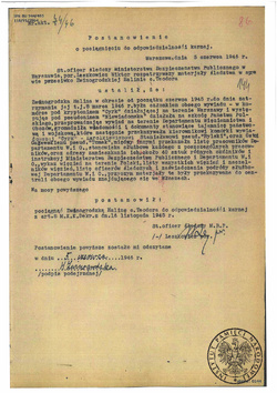 Postanowienie o pociągnięciu Haliny Zwinogrodzkiej do odpowiedzialności karnej. Warszawa, 5 czerwca 1946 r. (sygn. IPN BU 944/485 t. 1)