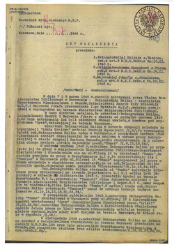 Akt oskarżenia przeciwko Halinie Zwinogrodzkiej, zatwierdzony przez mjr. Józefa Różańskiego, naczelnika Wydziału Śledczego MBP. Warszawa, 3 lipca 1946 r. (sygn. IPN BU 944/485 t. 1)